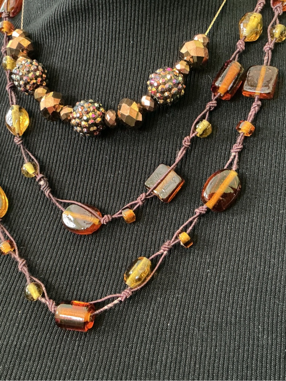 2 Piece Multi-Strand Vintage Amber Glass Beaded Women’s Necklaces